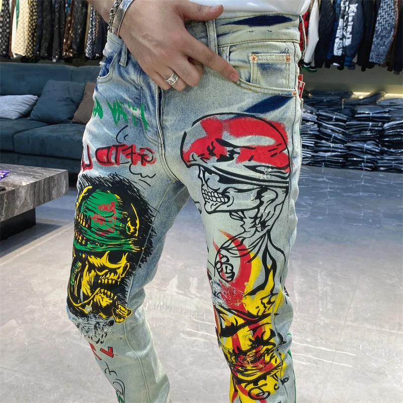 Abstract Doodle Painting Jean For Men Fancy Color Tie Dye Print Jean Hip Hop Jean Graphic Slim Straight Stretch Denim Trousers