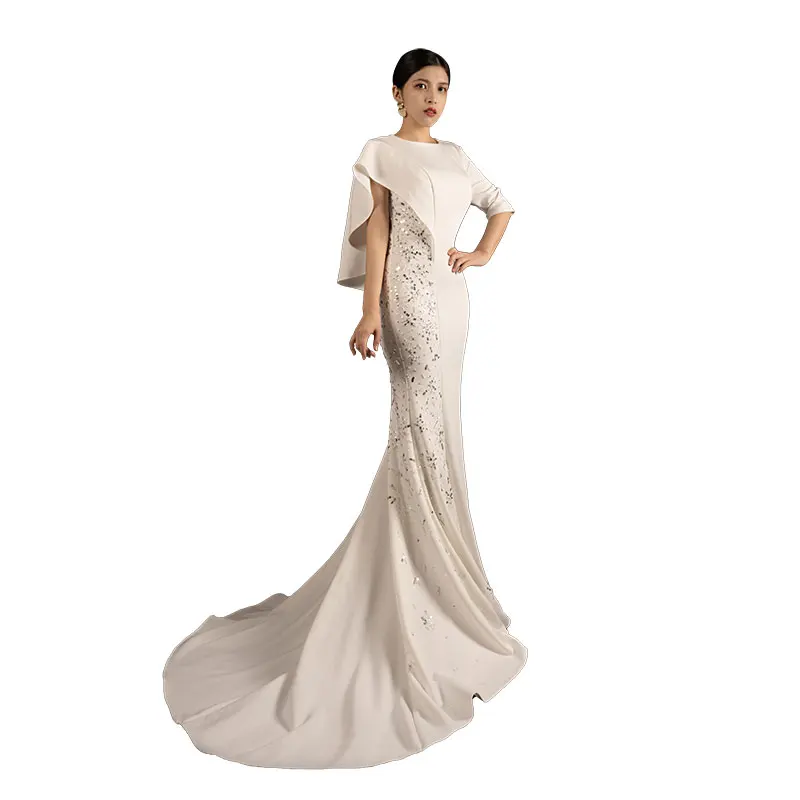 White Evening Dress Custom Made Sequin Handmade Beaded Elegant Modest Annual Meeting Stage Performance Prom H509