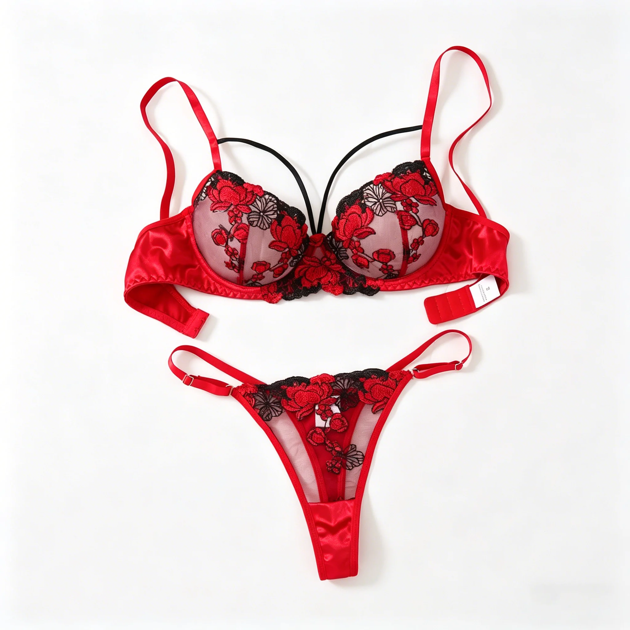 Two-piece embroidered bra set - Women's floral embroidered lingerie set - Black and red underwear set ZA825127