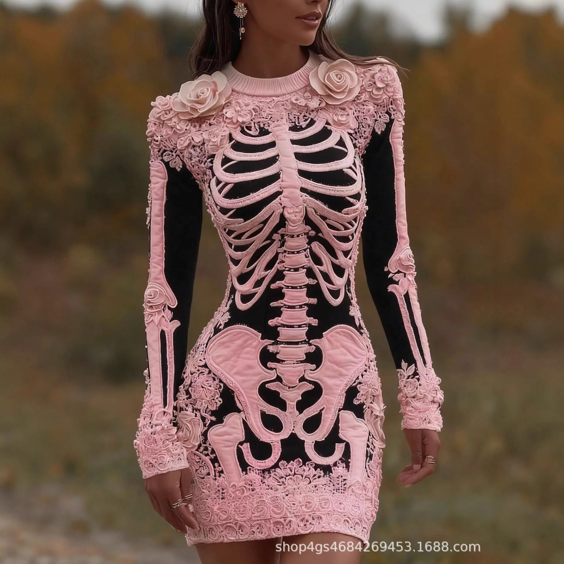 Spooky Gothic Skull Round Neck Sweater Slim-fit Bodycon Dress Halloween Masquerade Performance Clothing for Adults view 2