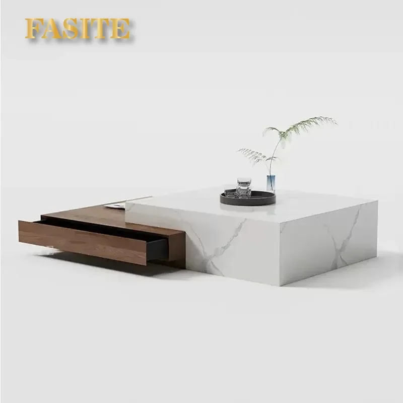 For Imitation Solid Wood Italian Modern Light Luxury Square Coffee Table Telescopic Minimalist Small Apartment Living Room
