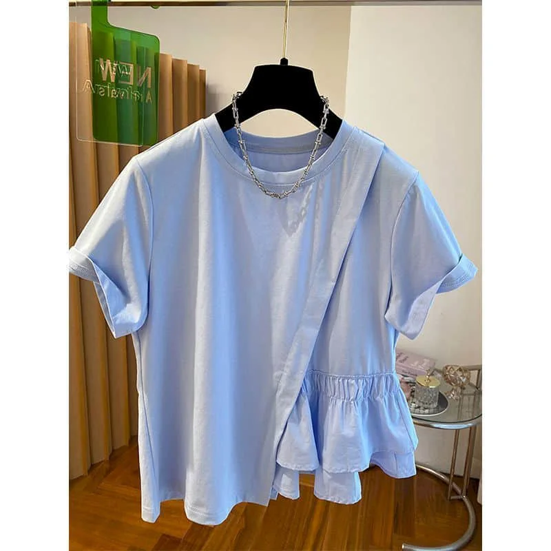 O-neck T-shirts Women 2026 Summer Sale Aesthetic Vintage Pleated Irregular Tops Casual Short Sleeve Korean Style Women Clothing