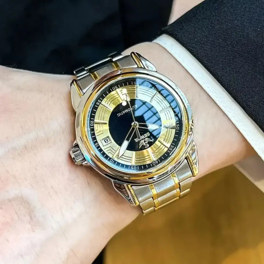 High-End Business Men's Automatic Mechanical Watch - White Dial with Gold Accents, Date Display - Casual and Formal Business Wear Accessory, Holiday and Birthday Gift, Elegant and Exquisite Wristwatch, Vintage Design, Luxurious Accessory, Perfect Christmas Gift, Perfect Gift for Thanksgiving and Valentine's Day