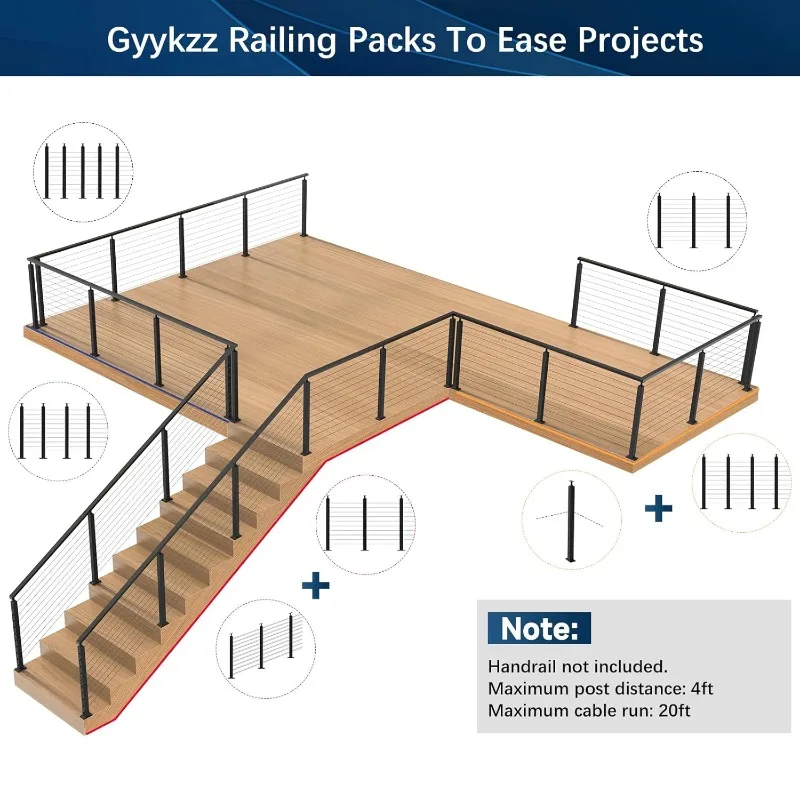 

36" One-Stop Cable Railing Post Kit, 5Pack Level Drilled Line Post, Adjustable Top Cable Railing System Including 5 Railing Post
