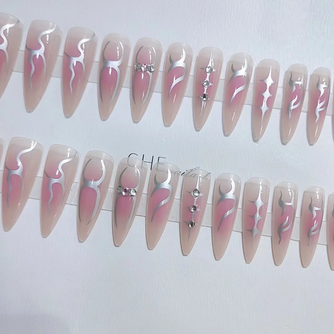 24pcs Long Pointed Gradient Pink False Nails y2k Sliver Flame Printed Wearable Press On Nails Full Finished Acrylic Nail Tips