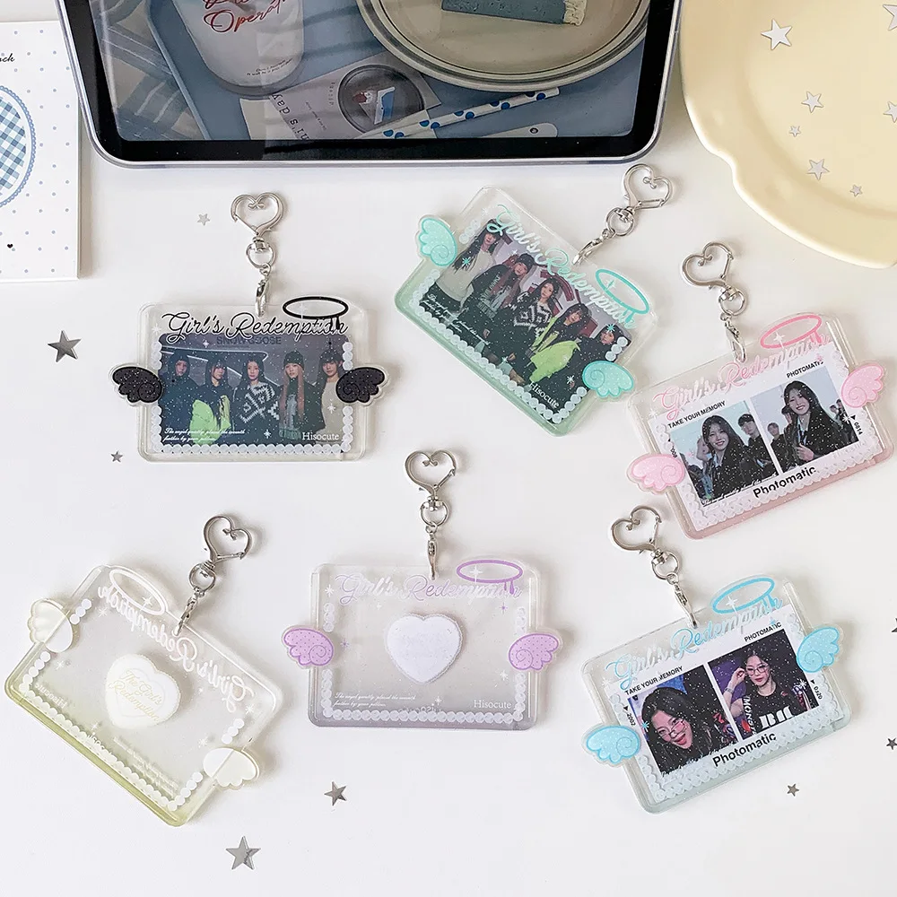 Cute Acrylic Angel Wing& Heart 3 inch Horizontal Kpop Photocard Holder idol Photo Card Holder Bag Pendant