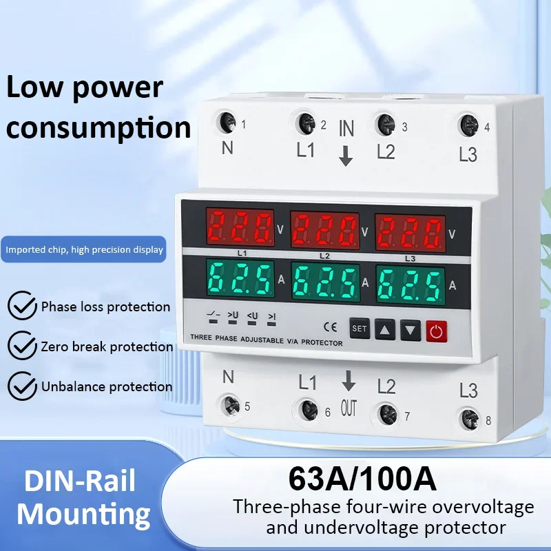 3 Phase Adjustable Over and Under Voltage Protector Overcurrent Protection 63A/100A Din rail Voltmeter Ammeter Relays Protector