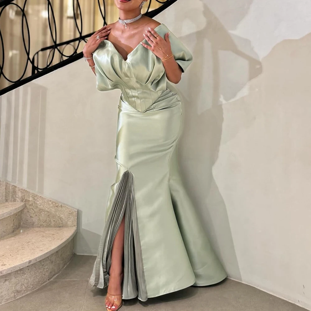 Customized Satin Mermaid Off the Shoulder Evening Dress V-Neck Half Sleeves Side Slit Floor Length Panel Train Exquisite