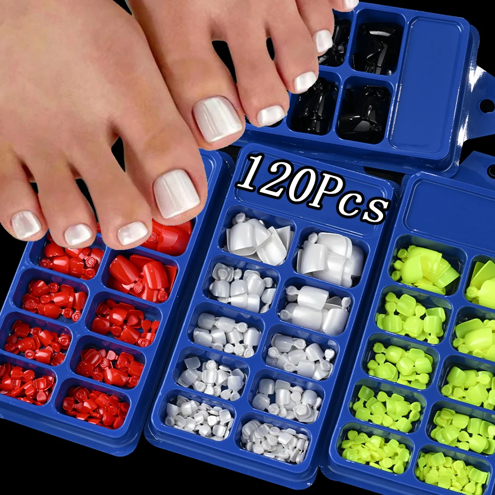 120Pcs/Box White Pearly Press-on Square Fake Toenails Pre-shaped Wearable Short False ToeNails 12 Size Artificial Toe Nails Tips
