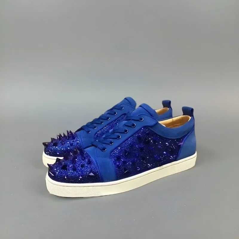 

Women Luxury Low Top Red Bottom Shoes For Men Trainers Spiked Blue Suede Genuine Leather Messy Rivets Crystal Flats Sneaker