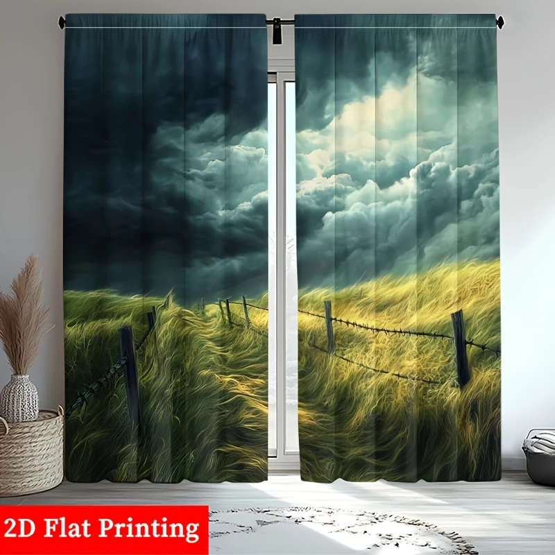 2pcs Scenic Landscape Curtains Storm Sky Nature Field Print for Living Room Bedroom Window Decor Decoration