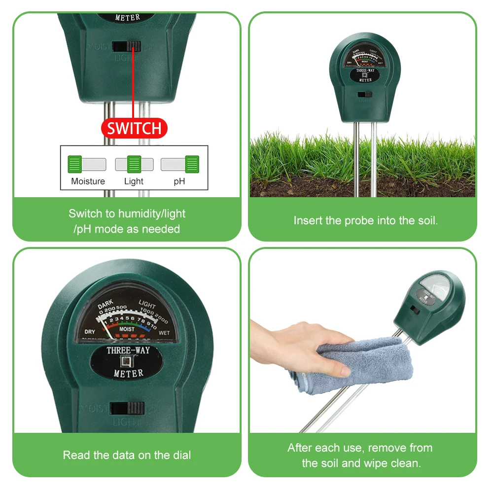 Probador de suelo 3 en 1, medidor de PH de humedad del suelo, probador de flores de humedad y acidez, herramienta de medición de temperatura y acidez
