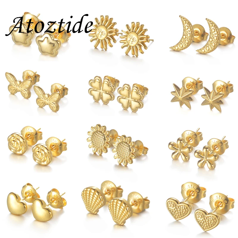 

Atoztide New Multiple Styles Gold Color Earrings for Women Girl Stainless Steel Heart Star Shell Stud Earring Daily Jewelry Gift