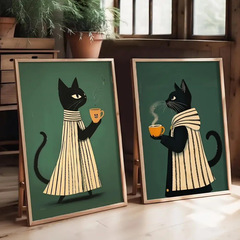 Multiple sizes 2pcs frameless Canvas PaintingIndia,2pcs Frameless,Simple Black Cat Coffee Casual Poster,Green Minimalist,Artwork