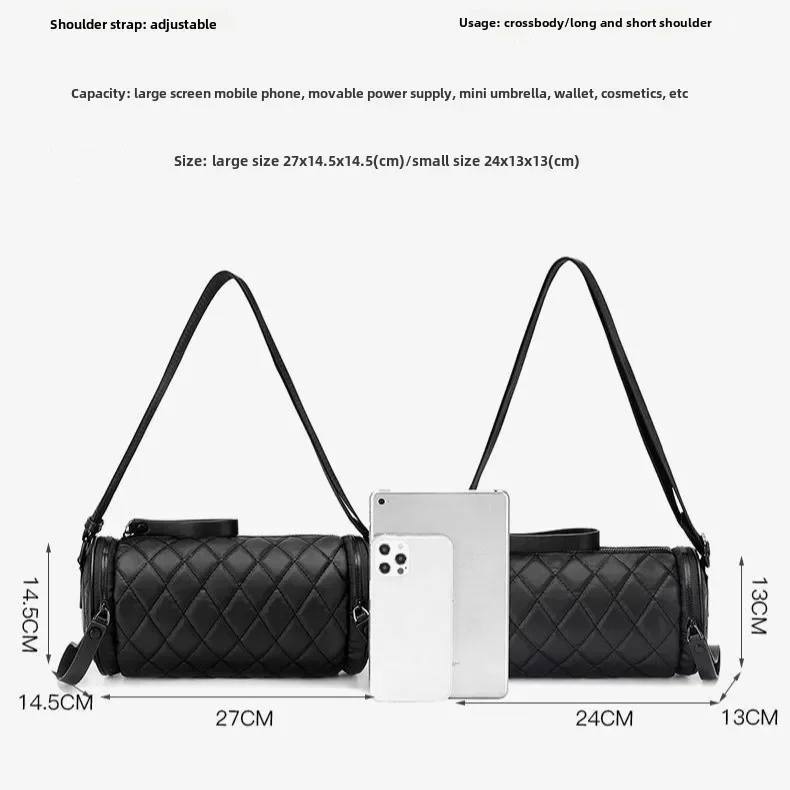 Rhombus Cylindrical for Women Black Leather Crossbody Fashion Bucket Bag Casual Shoulder Outdoor Sports Pillow Bag