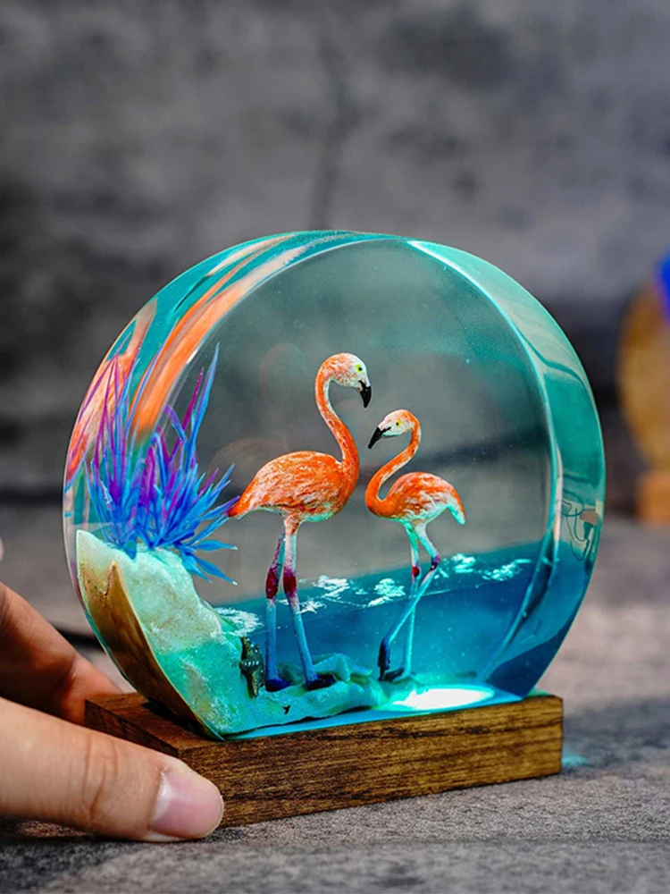 Flamingo คู่ Ocean เรซิ่นโคมไฟภูมิทัศน์ธรรมชาติตาราง Creative Art ตกแต่งโคมไฟธีมสัตว์ Night Light ชาร์จ USB