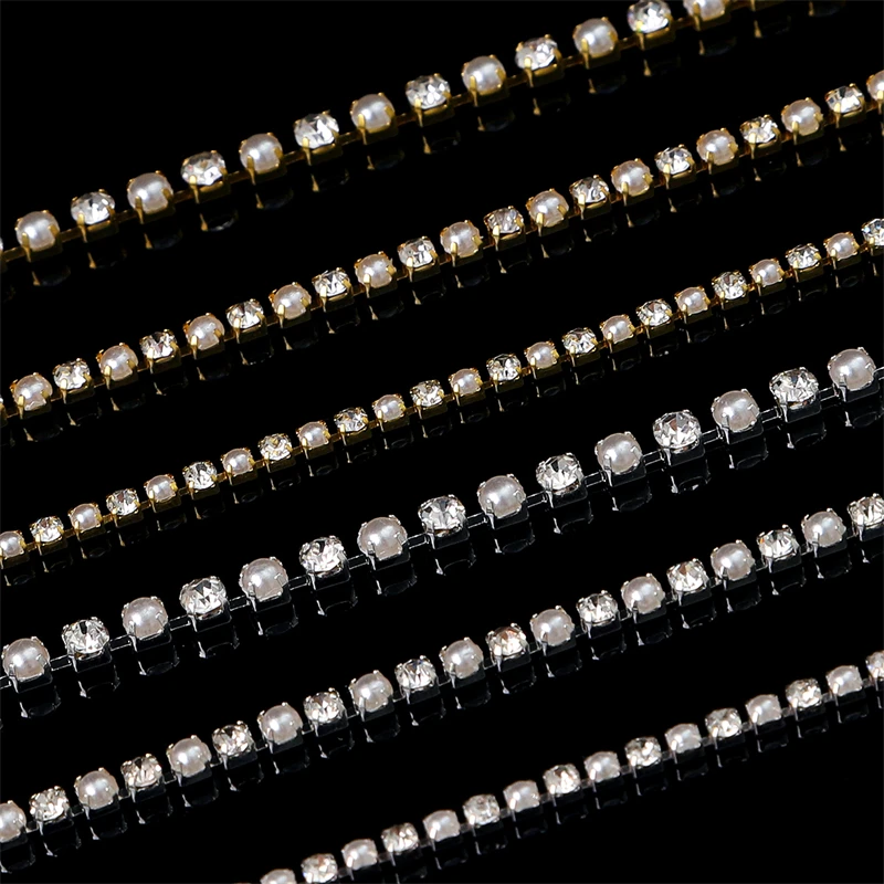 1Yard Pearls Rhinestone Chain Gold Silver Color Copper Cup Chains Trim For Jewelry Making Components Craft DIY Sew-On Clothes