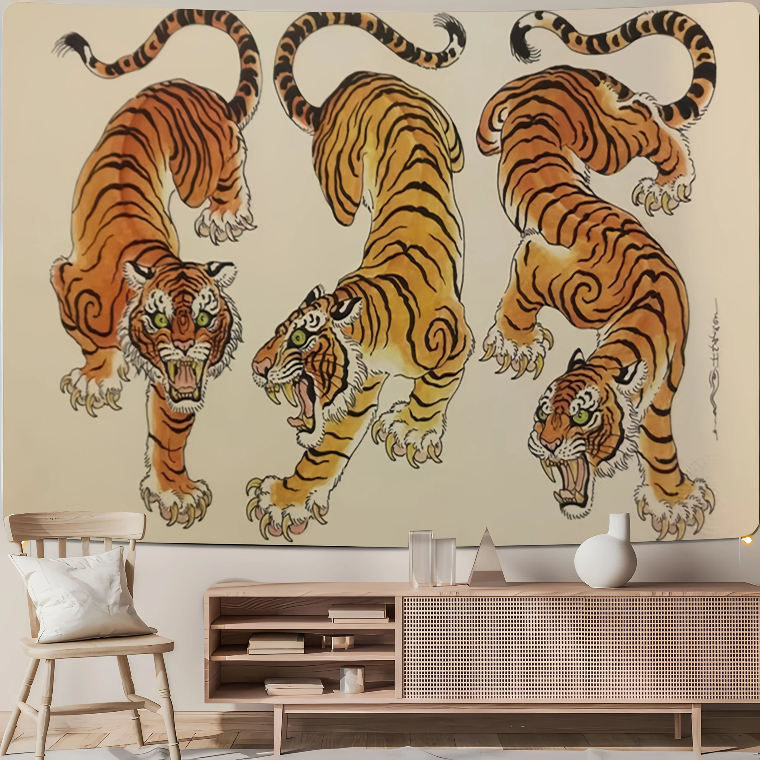 VIKAMA Japanischer Ukiyo-e Wandteppich mit drei Tigern, traditioneller Wandbehang im Tuschmalerei-Stil, für Wohnzimmer- und Arbeitszimmerdekoration