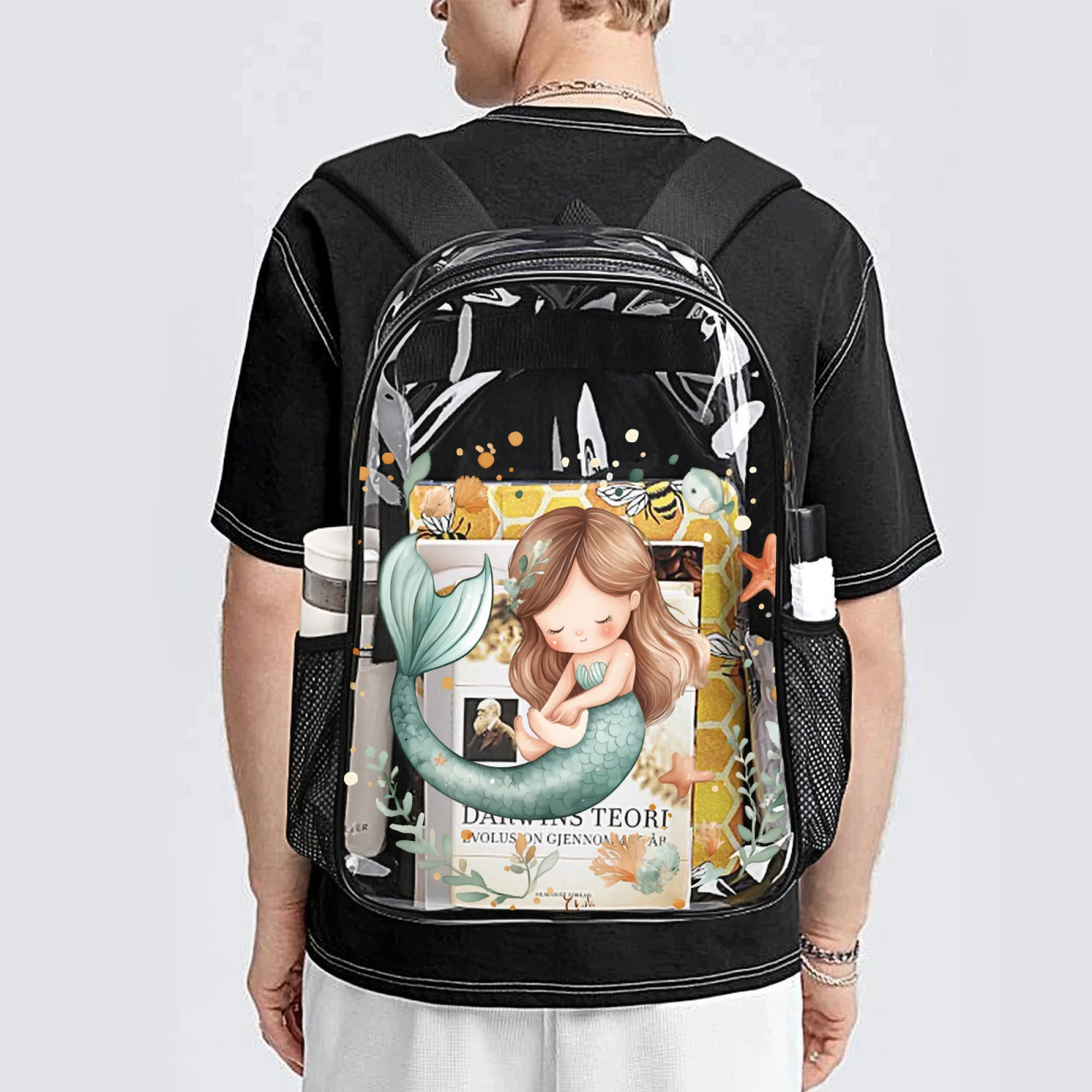 กระเป๋าเป้ใสขนาด 17 นิ้ว ลายภาพวาดนางเงือก ใส่แล็ปท็อปขนาด 16 นิ้วได้ กระเป๋าเป้ใส PVC สำหรับนักเรียน - ของขวัญกระเป๋าเป้สุดสนุก