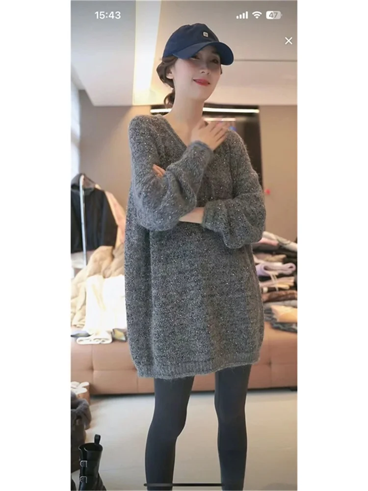 เสื้อสเวตเตอร์ถักไหมพรมสไตล์เรโทร งานหนัก ประดับเลื่อม คอวี สำหรับผู้หญิง รุ่นสปริง ดีไซน์เฉพาะ สวยงาม สบายๆ ทรงหลวม แขนยาว