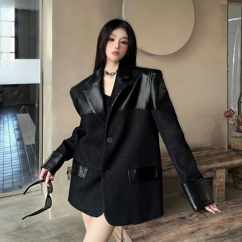 High-end Handsome Tailored Coats Women's 2025 Spring Autumn New Thick Pu Leather Tops Splicing Design Long Sleeve Suit Jackets
