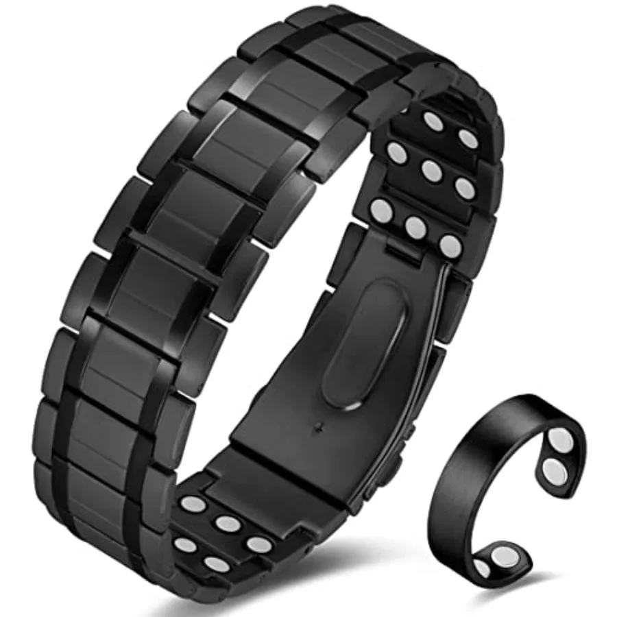 

3X Magnetic Bracelets for Men Ultra Strength Magnets Upgrade Folding Clasp Titanium Bracelet and Copper Ring Adjustable with Si