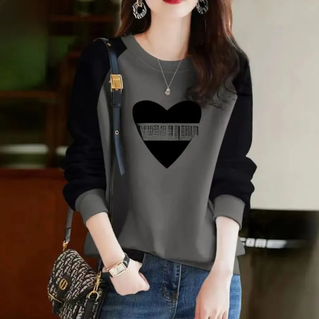 

Women's Fashion Long Sleeve T-Shirt Cotton Crew Neck Bottoming Shirt Contrast Printed Style 200g