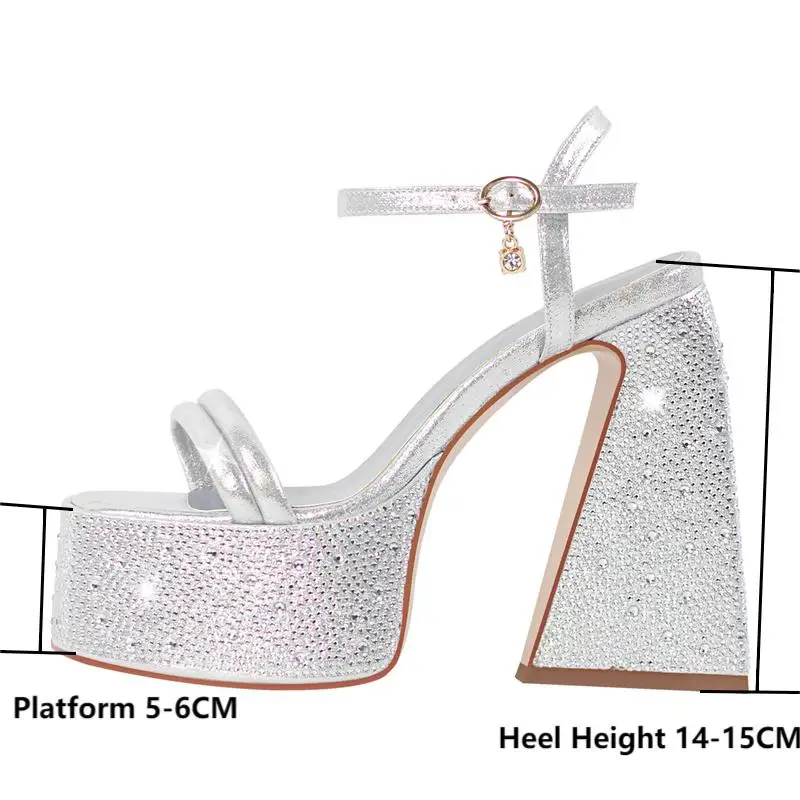 Onlymaker Women Sliver Rhinestone Platform Sandals Square Toe Chunky Heel Party Dress Female Summer  Sandals