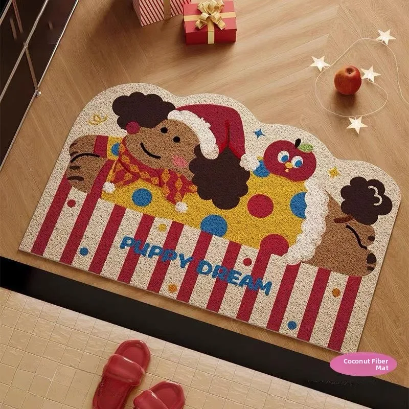 

Christmas Dog Door Mat Customizable Silk Circle Entrance Way Floor Rug Anti-Slip Easy to Maintain Wear Resistant Home Decor
