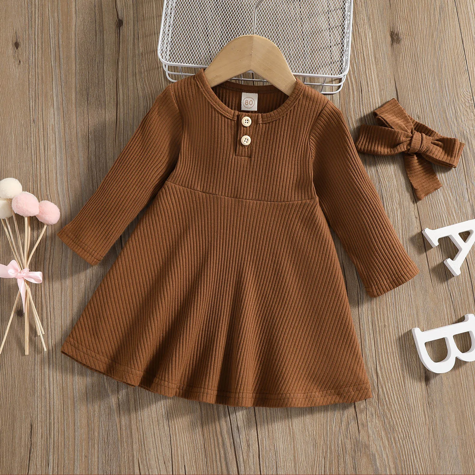 1 2 3 4 5 Years Toddler Infant Baby Girls Dress Spring Autumn Casual Solid Ribbed Long Sleeve Princess Dress With Headbands