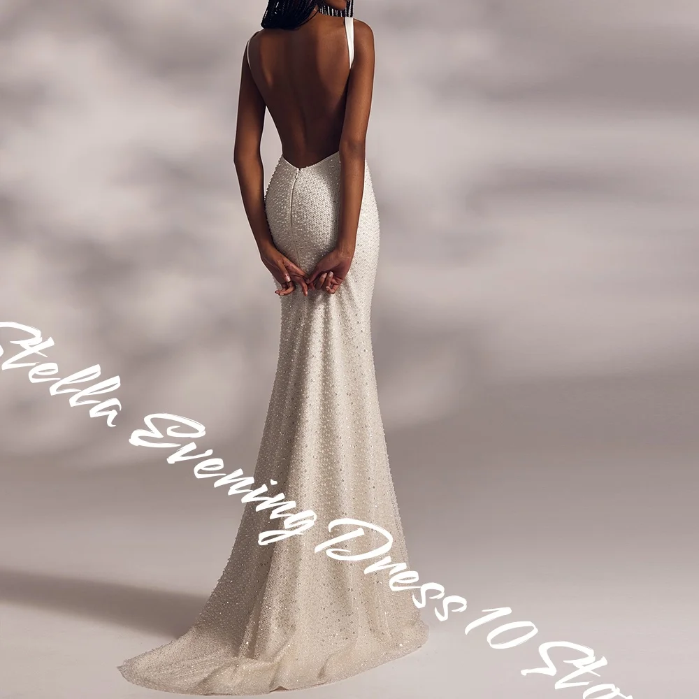 Robe de soirée en Jersey blanc, personnalisée, de haute qualité, paillettes délicates, sans bretelles, bretelles Spaghetti, dos nu, traîne de balayage P