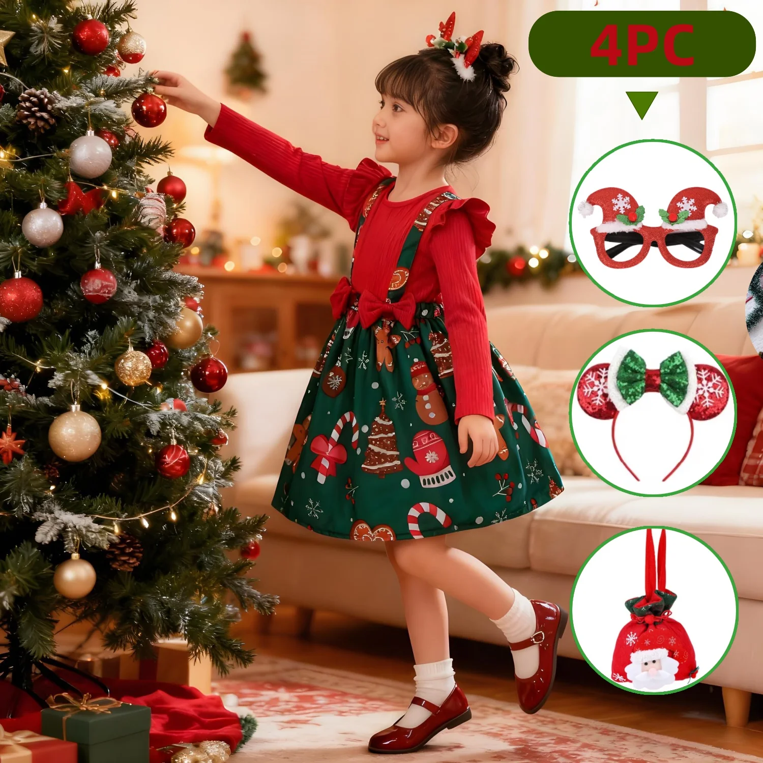 فساتين سهرة للعام الجديد لعام 2026 للفتيات بأكمام طويلة مرقعة باللون الأحمر والأخضر مطبوع عليها رسوم كرتونية لعيد الميلاد/حفلة عيد الميلاد ملابس أطفال #1