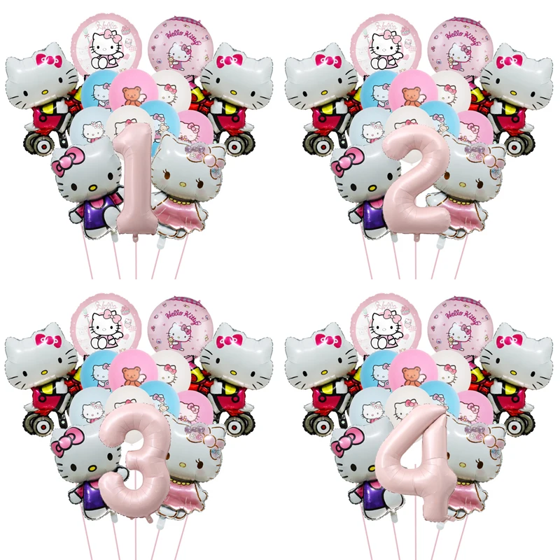 14 Pcs HelloKitty Pink Digital Cute Kitten Children's Holiday, Birthday and Other Occasions Party Decoration Balloon Set