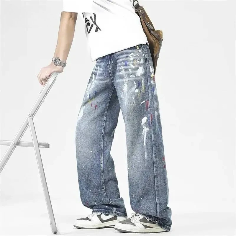 Trend Men's Jeans Light Blue Washed Ink Splash Colorful Print Loose Wide Leg Distressed Denim Pants Graffiti Bottoms
