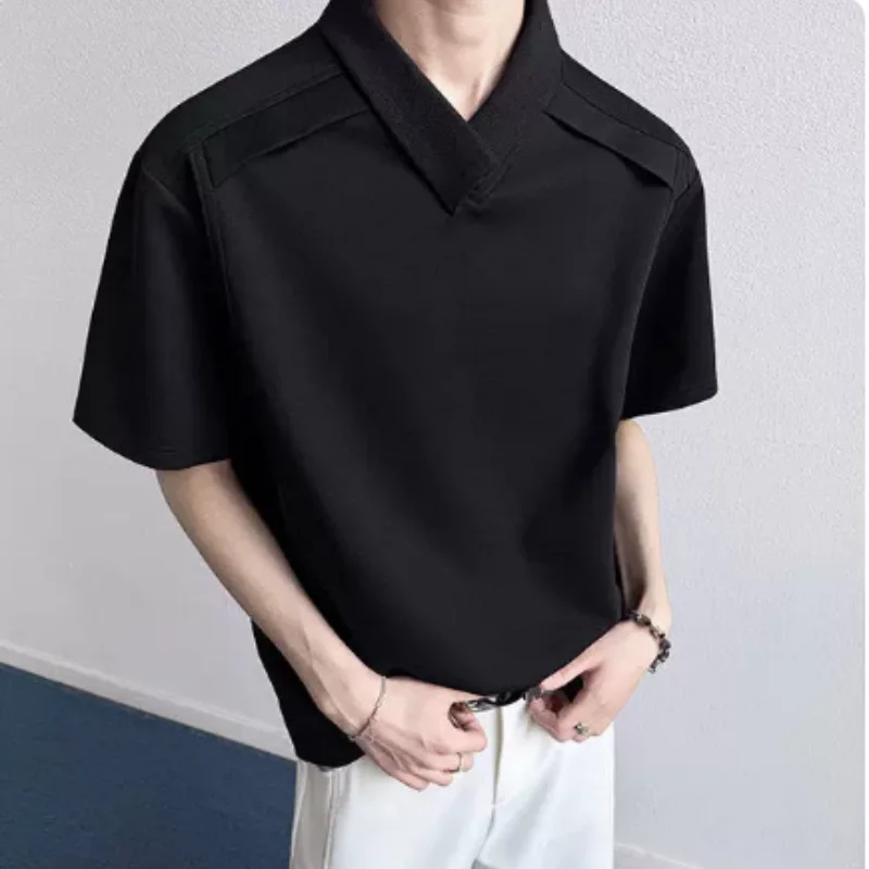 American Style Deconstructed Patchwork V-Neck Short-Sleeved T-Shirt for Men, Summer Trendy Brand, Mamba Cotton, Loose Fit, Large