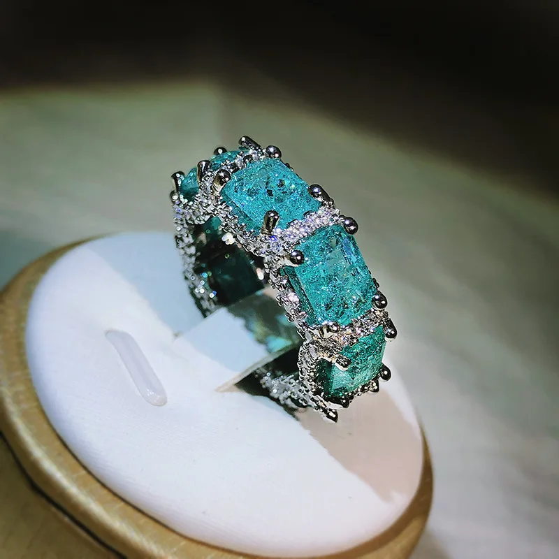 High-end Jewelry Heavy Industry Inlaid Aquamarine Topaz Ring For Ladies 925 Silver Paraiba Ring Party Birthday Gift