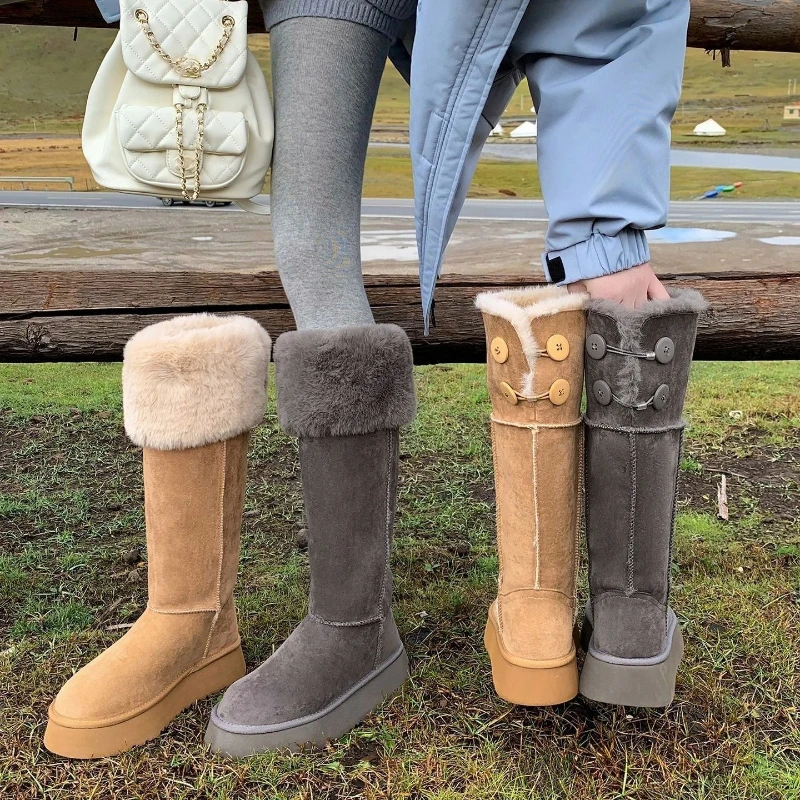 Two women wearing tall snow boots winter new velvet thickened warm gray boots warm large cotton shoes
