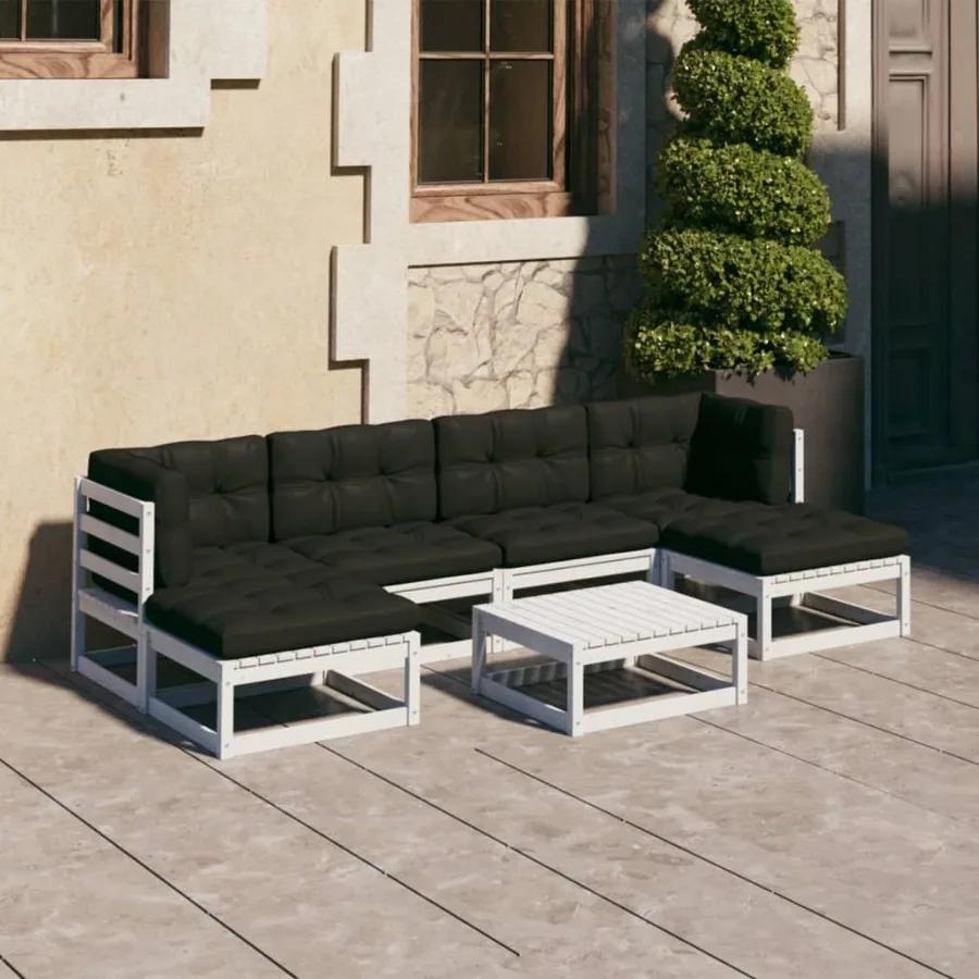 

7 Piece Patio Lounge Set with Cushions White Solid Pinewood