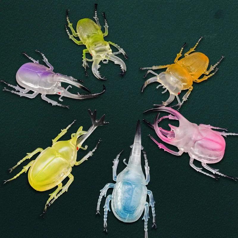 6Pcs Beetle Model Glow in the Dark Insect One horned Immortal Insect Colorful Beetle Simulation Model Children's CognitionToy