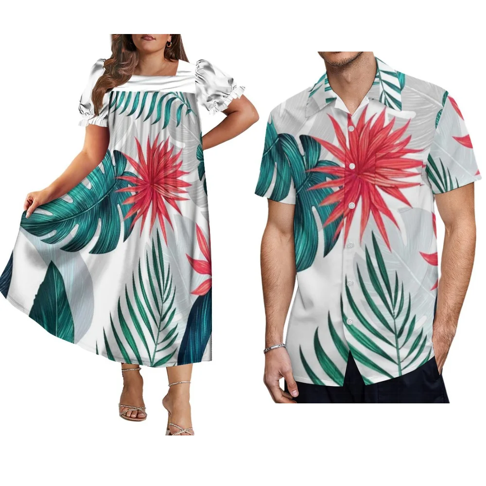 Wysokiej jakości, modna sukienka mumu z kwiatowym nadrukiem, damska sukienka z kwadratowym dekoltem, męska koszula zapinana na guziki, zestawy dla par na imprezy świąteczne.