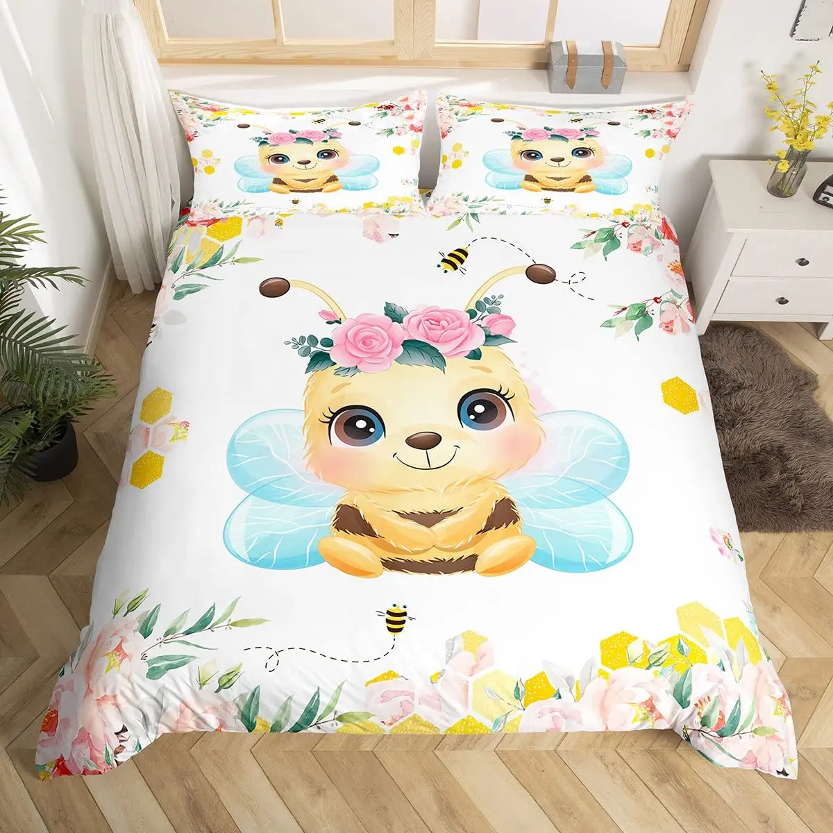 Cartoon Bee Floral Duvet Cover Honeycomb Bee Bedding Set Sweet Honey Animal Polyester Comforter Cover Spring Flowers Quilt Cover