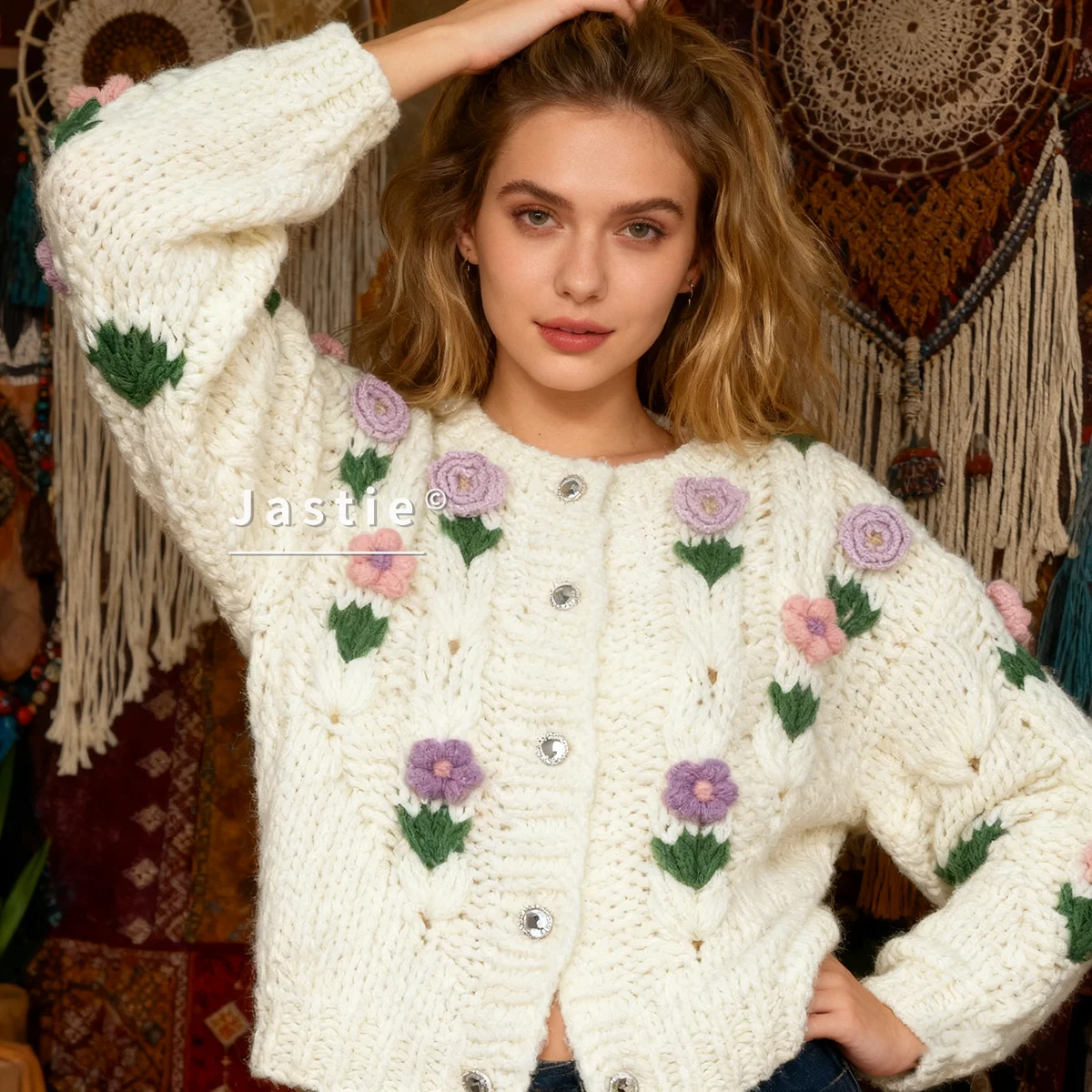 

Bohemian Hand-crocheted Floral 3D Embellishment Sweet Sweater Cardigan Loose Long-sleeved O-Neck Knit Cardigan Top Coat