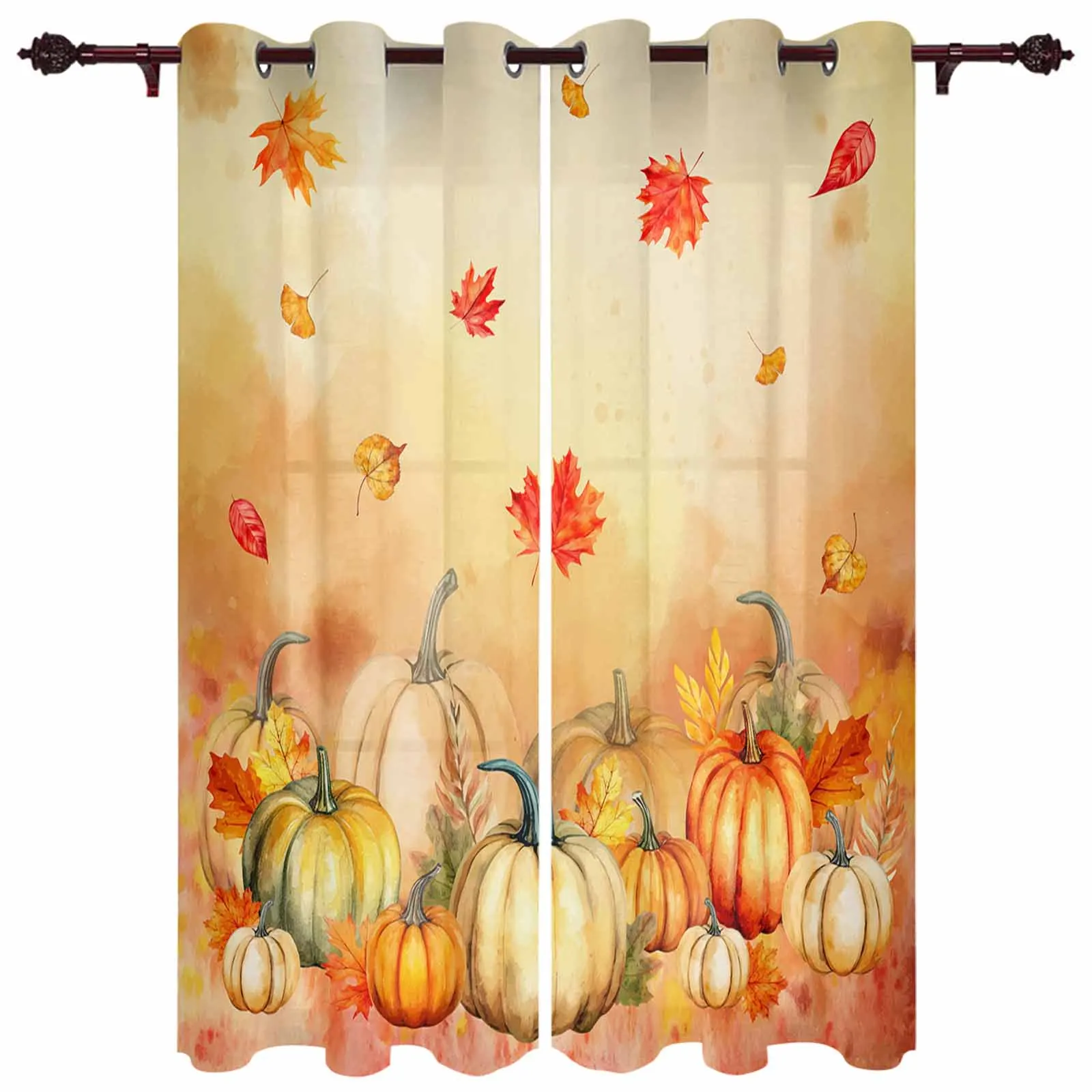 

Thanksgiving Plants Pumpkin Ginkgo Leaf Watercolor Curtains for Living Room Hotel Window Treatment Luxury Drapes