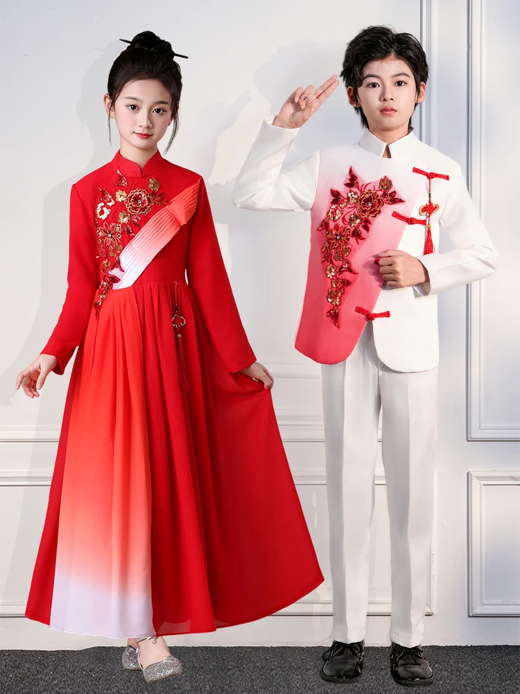 

Красный детский сценический костюм для выступлений, наряд для хора учащихся начальной школы, национальная одежда для девочек, туника-костюм