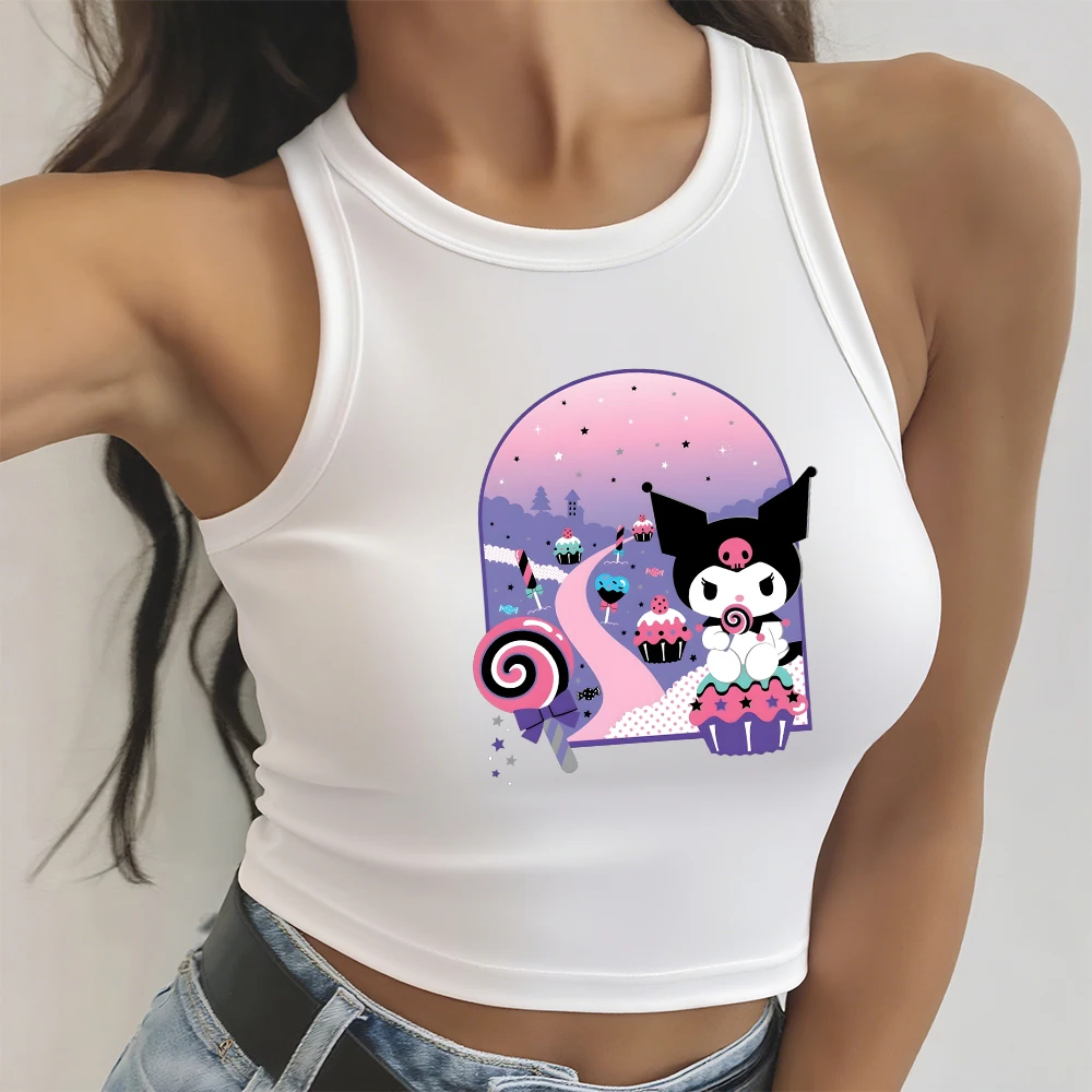 

Sexy Hot Versatile Crop Tops Kuromi clothes Women's Tank Top Sport Vest O Neck Design Soft Tees sports with open shoulder
