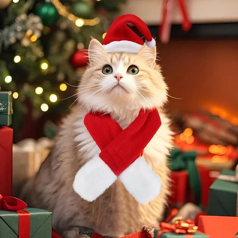 1–10 Stück Haustier-Weihnachtsmütze und Schal-Set, verstellbares weiches Outfit, Urlaubskostüm für Katzen und kleine Hunde, Party-Dress-Up-Zubehör