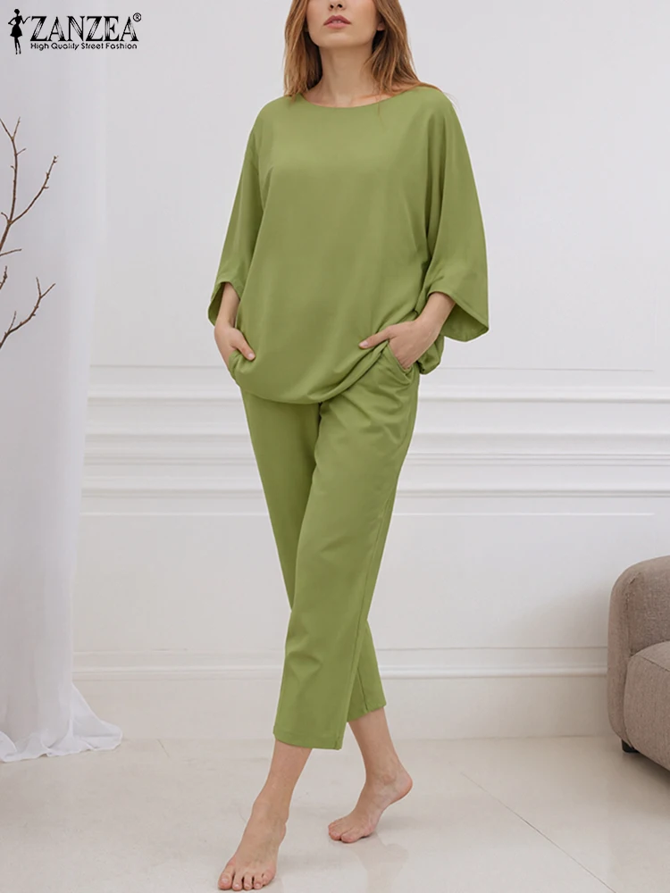 الخريف مطابقة مجموعات ZANZEA النساء بانت مجموعات قطعتين وتتسابق 2025 موضة الخفافيش كم بلايز عادية الصلبة فضفاض السراويل كبيرة الحجم