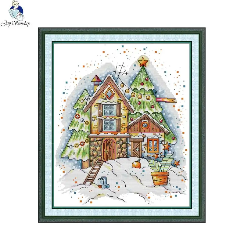 Joy Sunday DIY Embroidery Cross Stitch  Kits Craft Needlework Set Winter Lodge Printed Canvas Cotton Thread Home Decoration