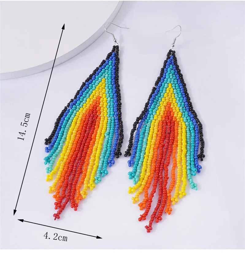 Kymyad Ethnic Jewelry For Women Rhombus Shaped Beads Tassel Chains Long Earrings Vintage Handmade Colorful Beads Women Earrings