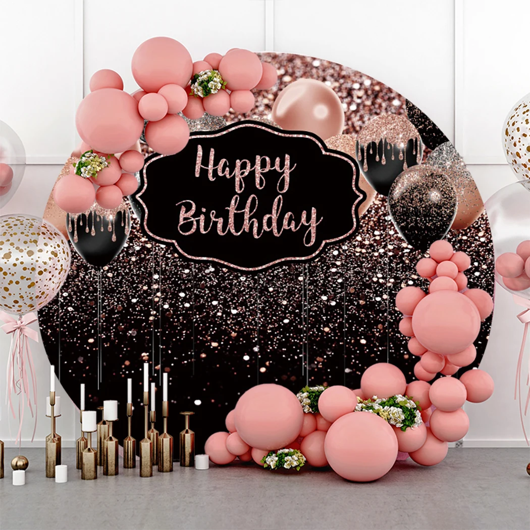 Adult Happy Birthday Round Backdrop Cover White Gold Glitter Balloon Circle Photography Background Baby Shower Kids Photo Studio